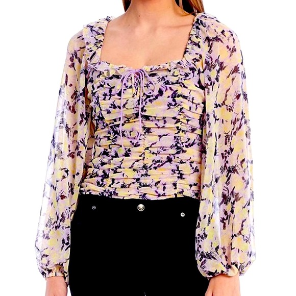 Free People Tops - Boho Floral Yellow/Purple Balloon Sleeve Top